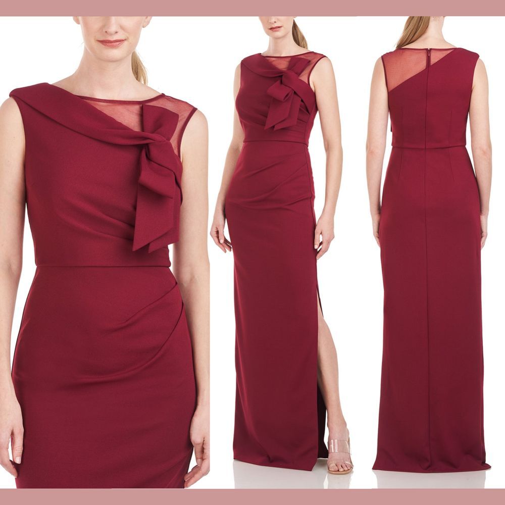 NWT $248‎ JS Collection [ 14 ] Kirsten Neckline Bow Gown Deep Red #J581